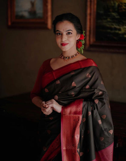 Dark Brown & Red Banarasi Silk Saree With Zari Weaving Work