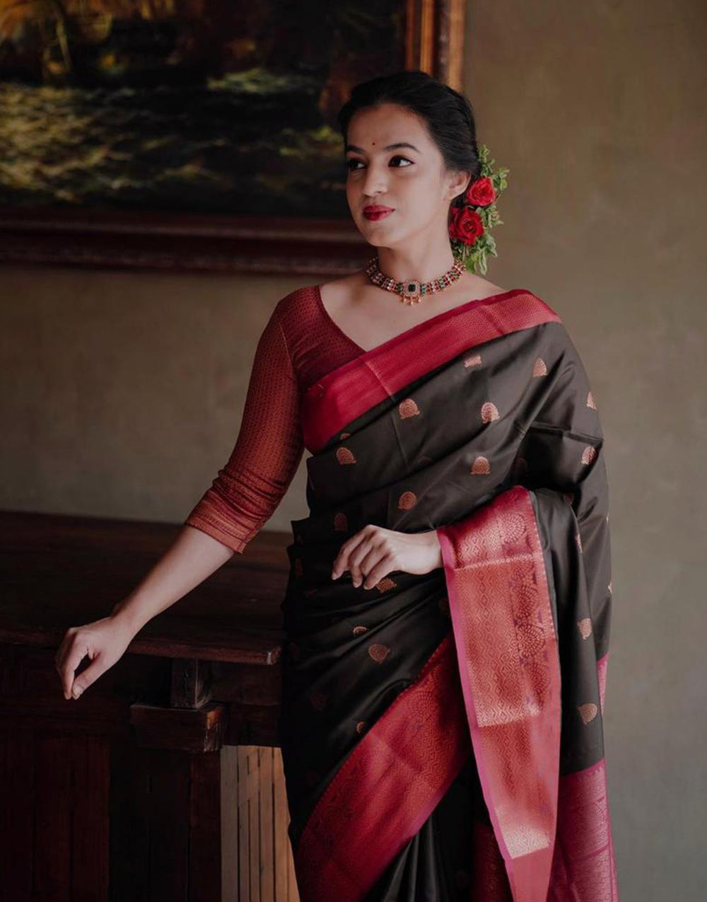 Dark Brown & Red Banarasi Silk Saree With Zari Weaving Work