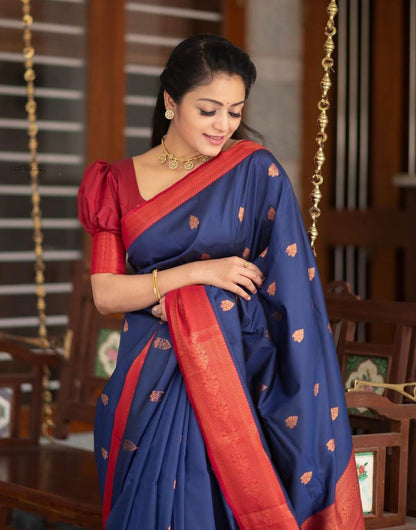 Blue & Red Banarasi Silk Saree With Zari Weaving Work