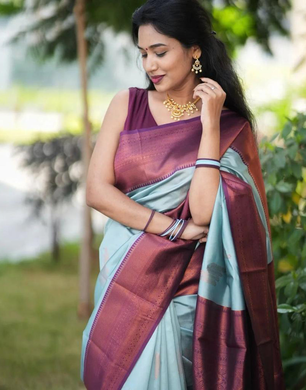 Sky Blue & Magenta Banarasi Silk Saree With Zari Weaving Work