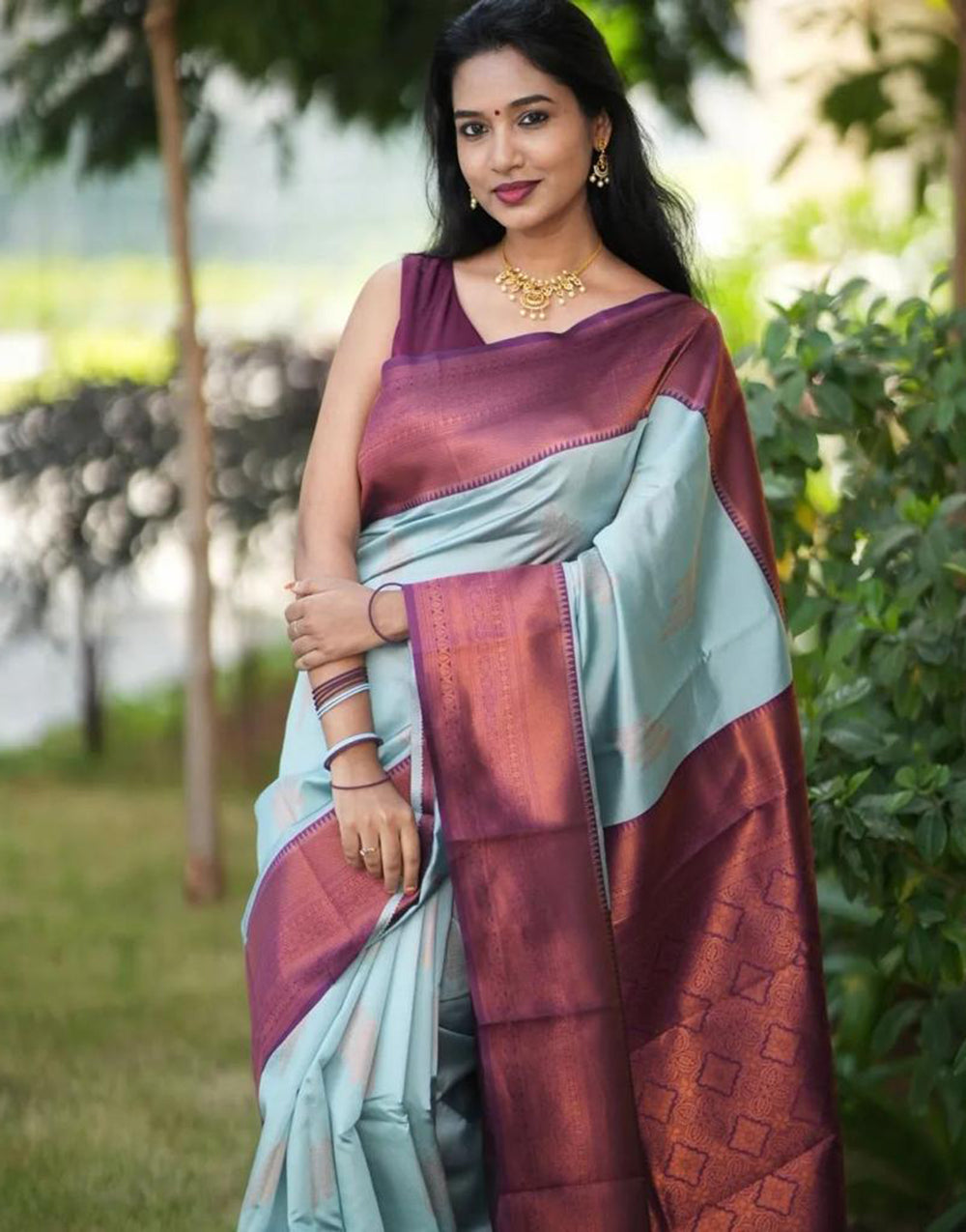 Sky Blue & Magenta Banarasi Silk Saree With Zari Weaving Work