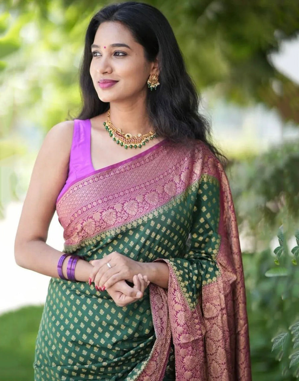 Green & Light Purple Banarasi Silk Saree With Zari Weaving Work