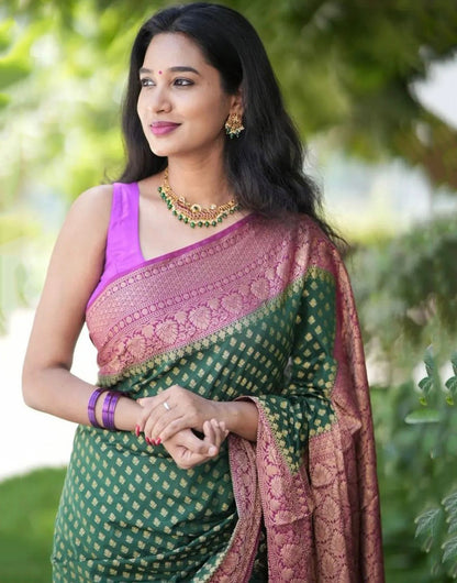 Green & Light Purple Banarasi Silk Saree With Zari Weaving Work