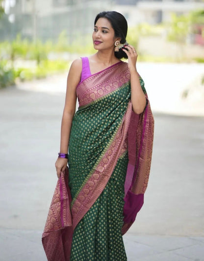 Green & Light Purple Banarasi Silk Saree With Zari Weaving Work