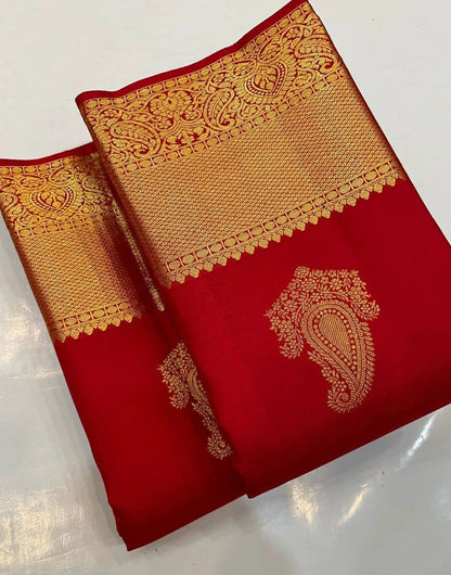 Red Banarasi Soft Silk Saree With Zari Weaving Work