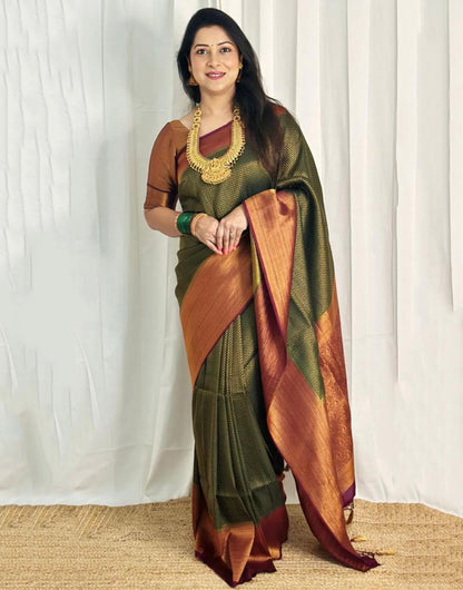 Green & Maroon Banarasi Silk Saree With Copper Zari Weaving Work