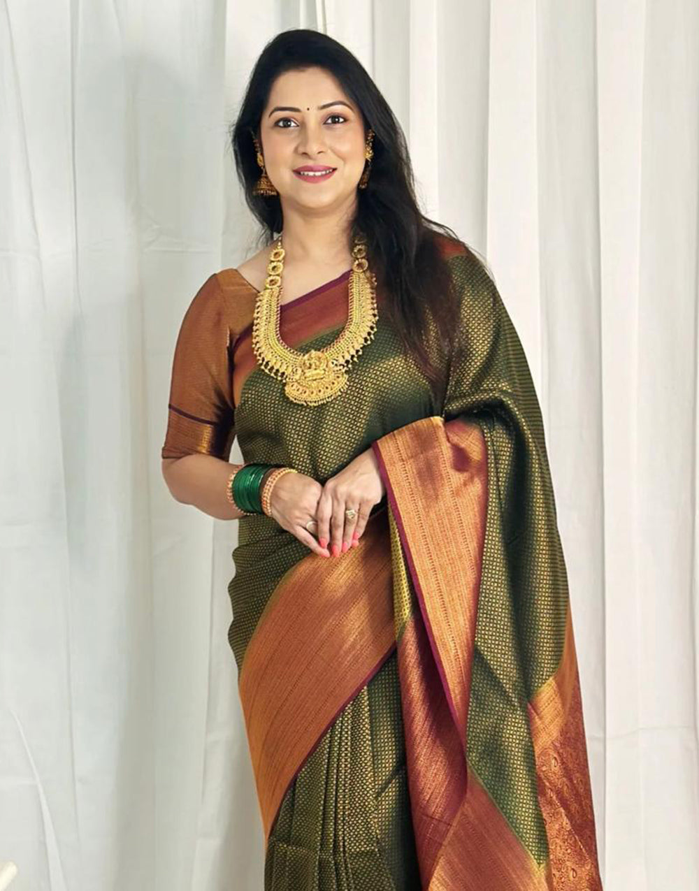 Green & Maroon Banarasi Silk Saree With Copper Zari Weaving Work