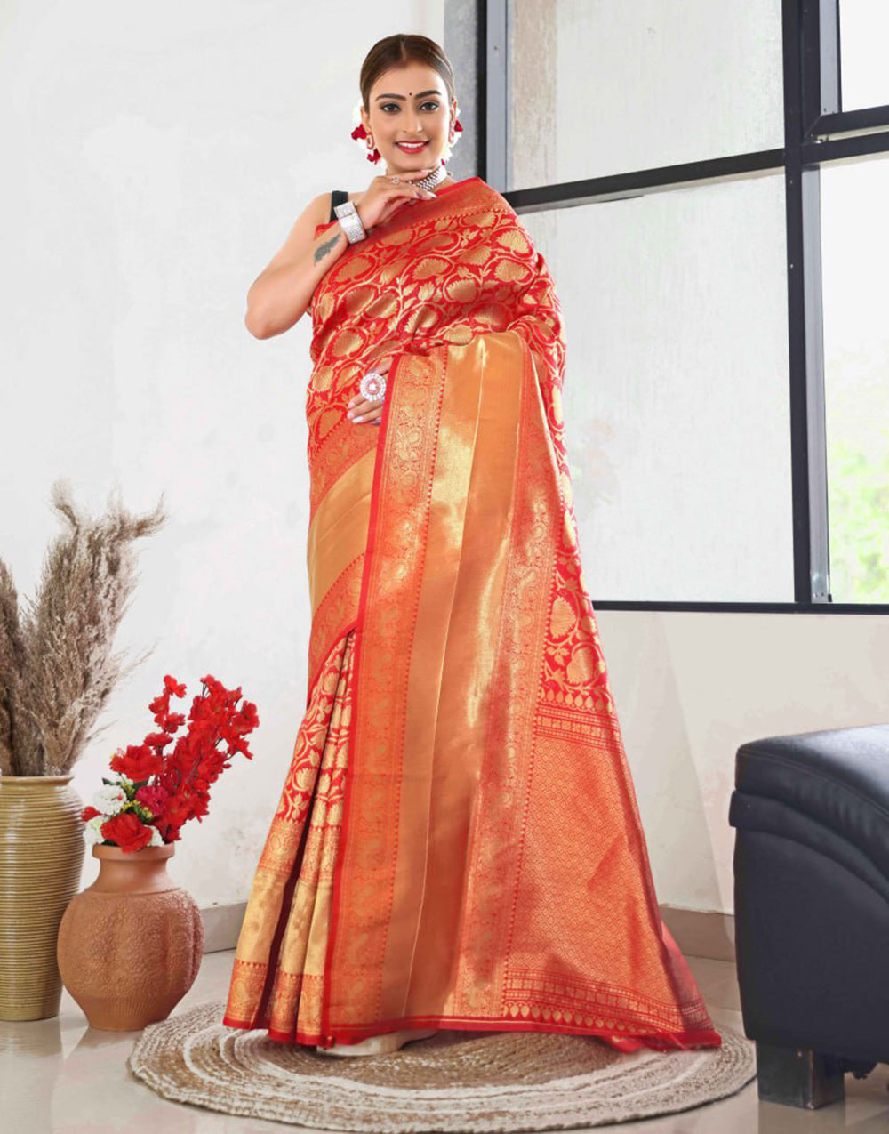 Red Banarasi Silk Saree With Zari Weaving Work