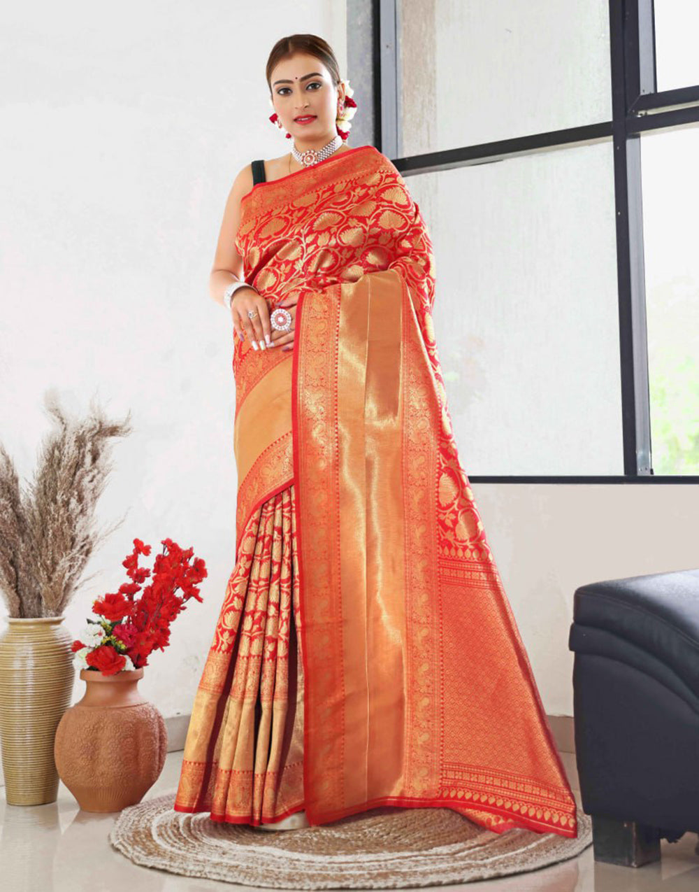 Red Banarasi Silk Saree With Zari Weaving Work