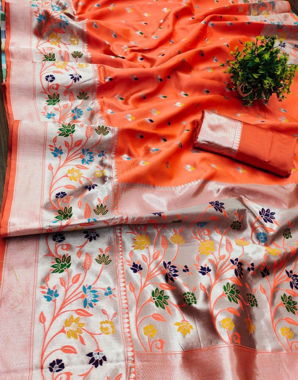 Orange Banarasi Silk Saree With Zari Weaving Work