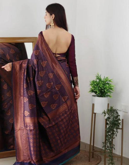 Wine Banarasi Silk Saree With Zari Weaving Work