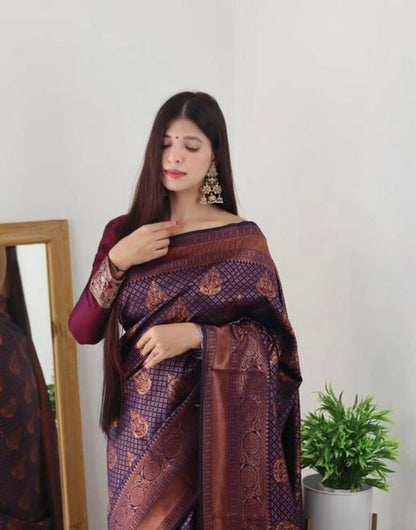 Wine Banarasi Silk Saree With Zari Weaving Work