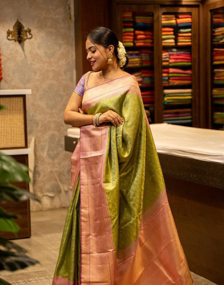 Parrot Green Banarasi Silk Saree With Zari Weaving Work