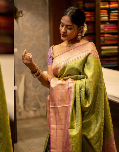 Parrot Green Banarasi Silk Saree With Zari Weaving Work