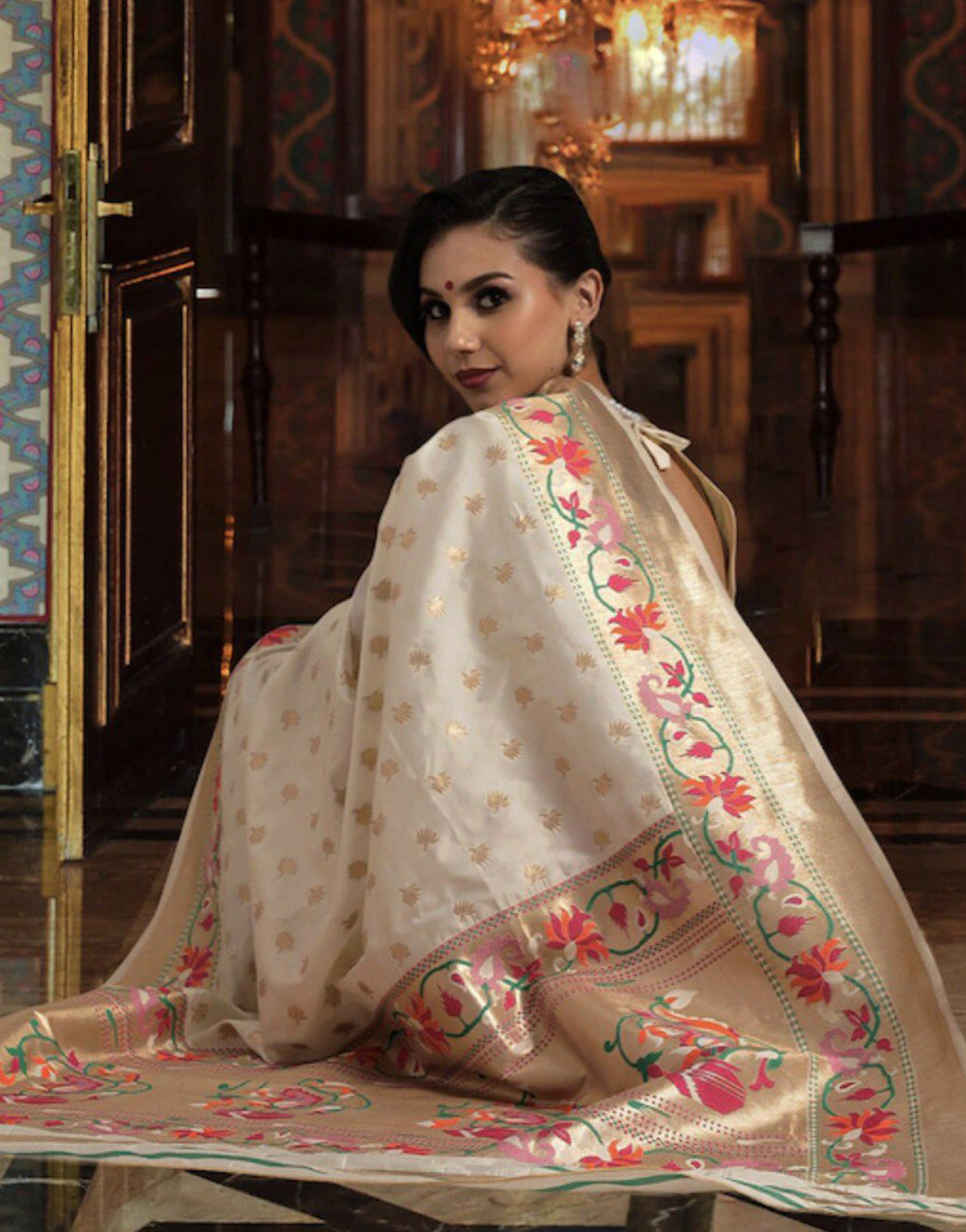 Cream Banarasi Silk Saree With Zari Weaving Work