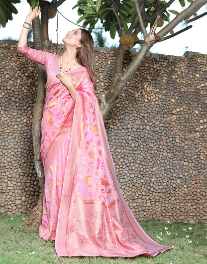 Light Pink Banarasi Soft Silk Saree With Zari Weaving Work