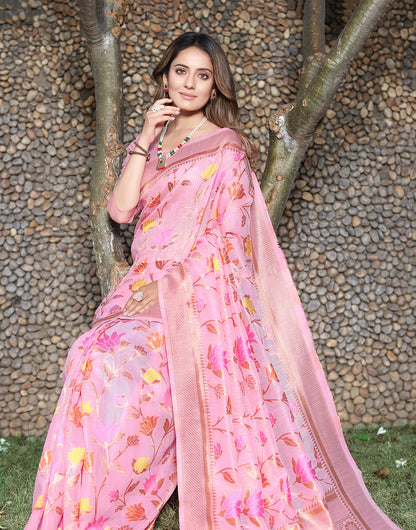 Light Pink Banarasi Soft Silk Saree With Zari Weaving Work