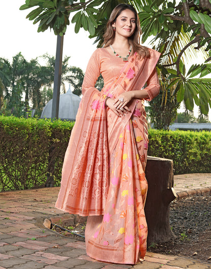 Pastel Peach Banarasi Soft Silk Saree With Zari Weaving Work