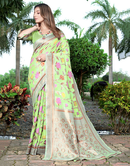 Pista Green Banarasi Soft Silk Saree With Zari Weaving Work