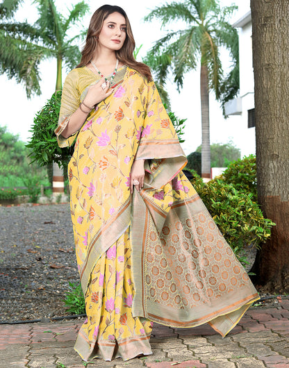 Yellow Banarasi Soft Silk Saree With Zari Weaving Work