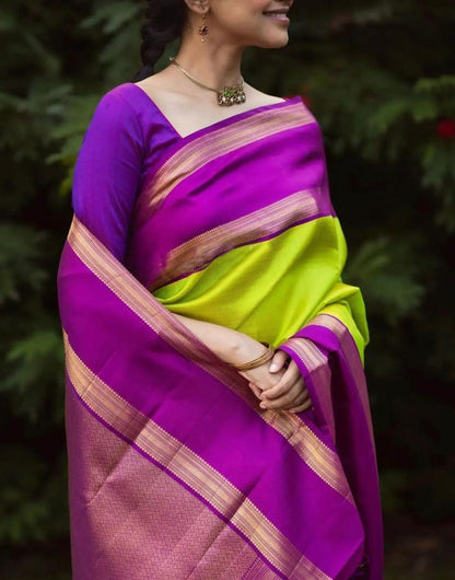 Light Green & Purple Banarasi Soft Silk Saree With Weaving Work