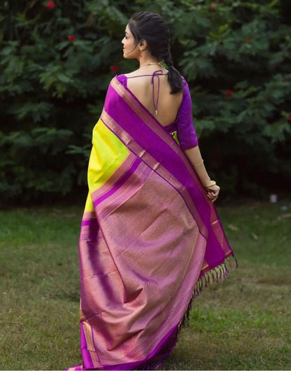 Light Green & Purple Banarasi Soft Silk Saree With Weaving Work
