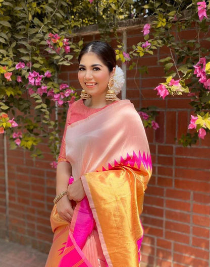 Yellow & Baby Pink Lichi Silk Saree With Zari Weaving Work