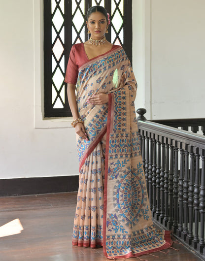 Blush Red & Cream Tussar Silk Saree With Madhubani Printed Work