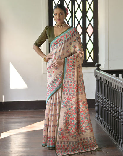 Mehendi Green & Cream Tussar Silk Saree With Madhubani Printed Work