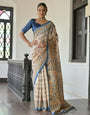 Navy Blue & Cream Tussar Silk Saree With Madhubani Printed Work