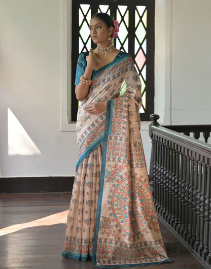 Rama Blue & Cream Tussar Silk Saree With Madhubani Printed Work