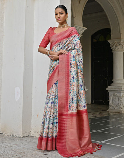 Red & Blue Tussar Silk Saree With Weaving & Printed Work