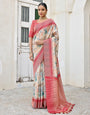 Red & Firozi Tussar Silk Saree With Weaving & Printed Work