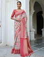 Red & Peach Tussar Silk Saree With Weaving & Printed Work