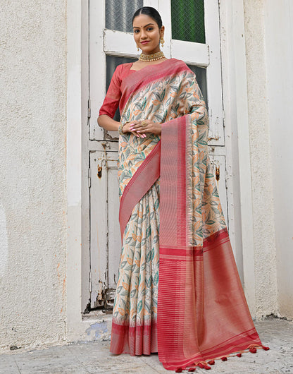 Red & Rama Blue Tussar Silk Saree With Weaving & Printed Work