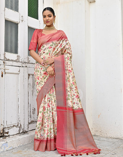 Red & Yellow Tussar Silk Saree With Weaving & Printed Work