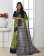 Pickle Green & Blue Tussar Silk Saree With Printed Work