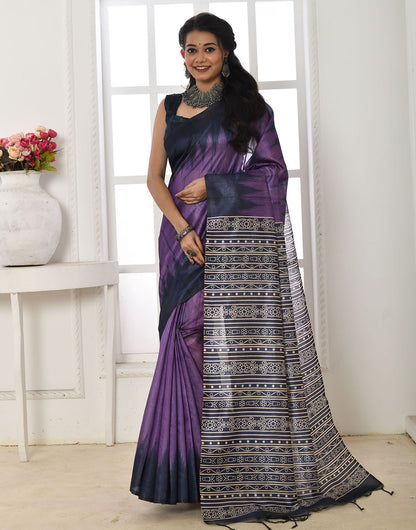 Purple Tussar Silk Saree With Printed Work