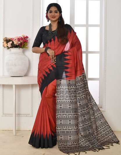 Red & Black Tussar Silk Saree With Printed Work