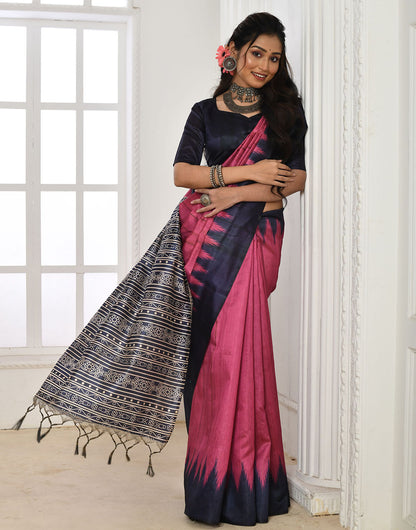 Pink Tussar Silk Saree With Printed Work