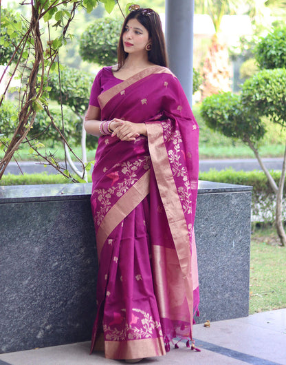 Magenta Linen Silk Saree With Weaving Work