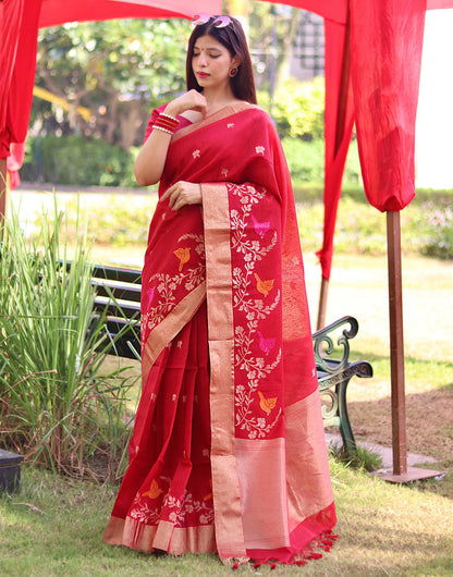 Red Linen Silk Saree With Weaving Work