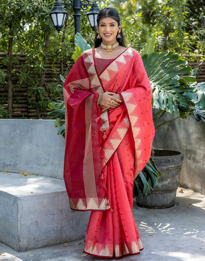 Gajari Tussar Silk Saree With Weaving Work