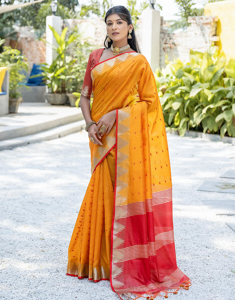 Mustard Yellow Tussar Silk Saree With Weaving Work