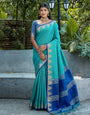 Rama Blue Tussar Silk Saree With Weaving Work