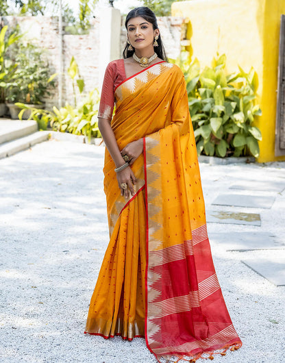 Mustard Yellow Tussar Silk Saree With Weaving Work