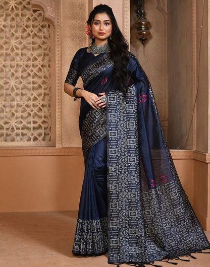 Navy Blue Silk Saree With Weaving Work