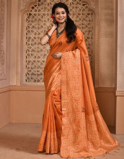 Orange Silk Saree With Weaving Work