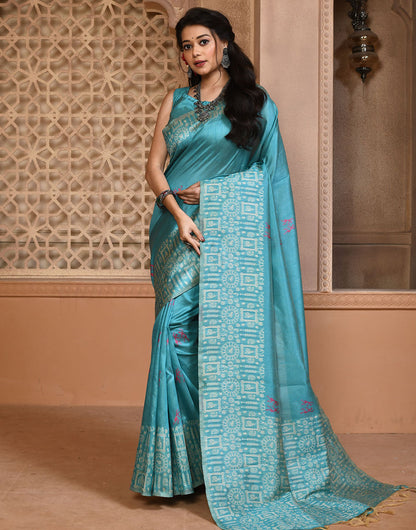 Sky Blue Silk Saree With Weaving Work