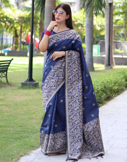 Navy Blue Handloom Raw Silk Saree With Weaving Butties Work